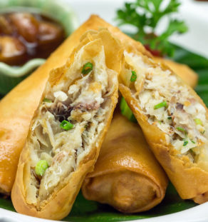 Deep fried spring rolls with japanese plum sauce