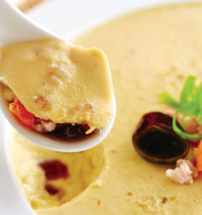 Steamed egg with minced pork salted egg and preserved egg